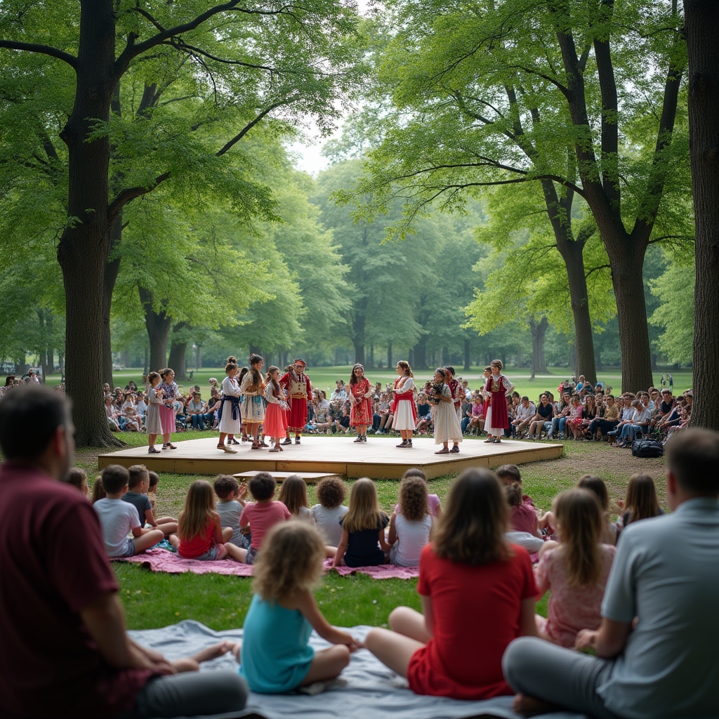 Eveniment cultural în parc cu spectacol de dans și public familial