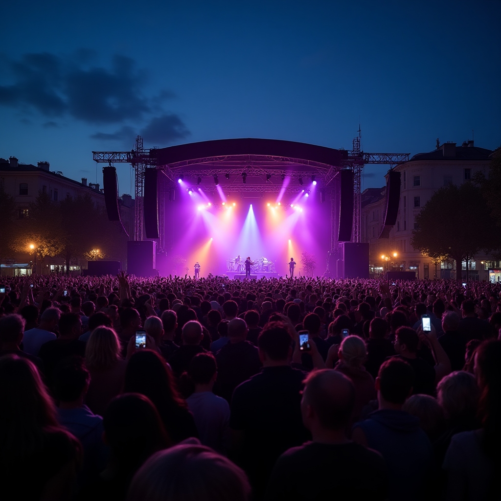 Festival de muzică pe stradă cu scenă și lumini colorate