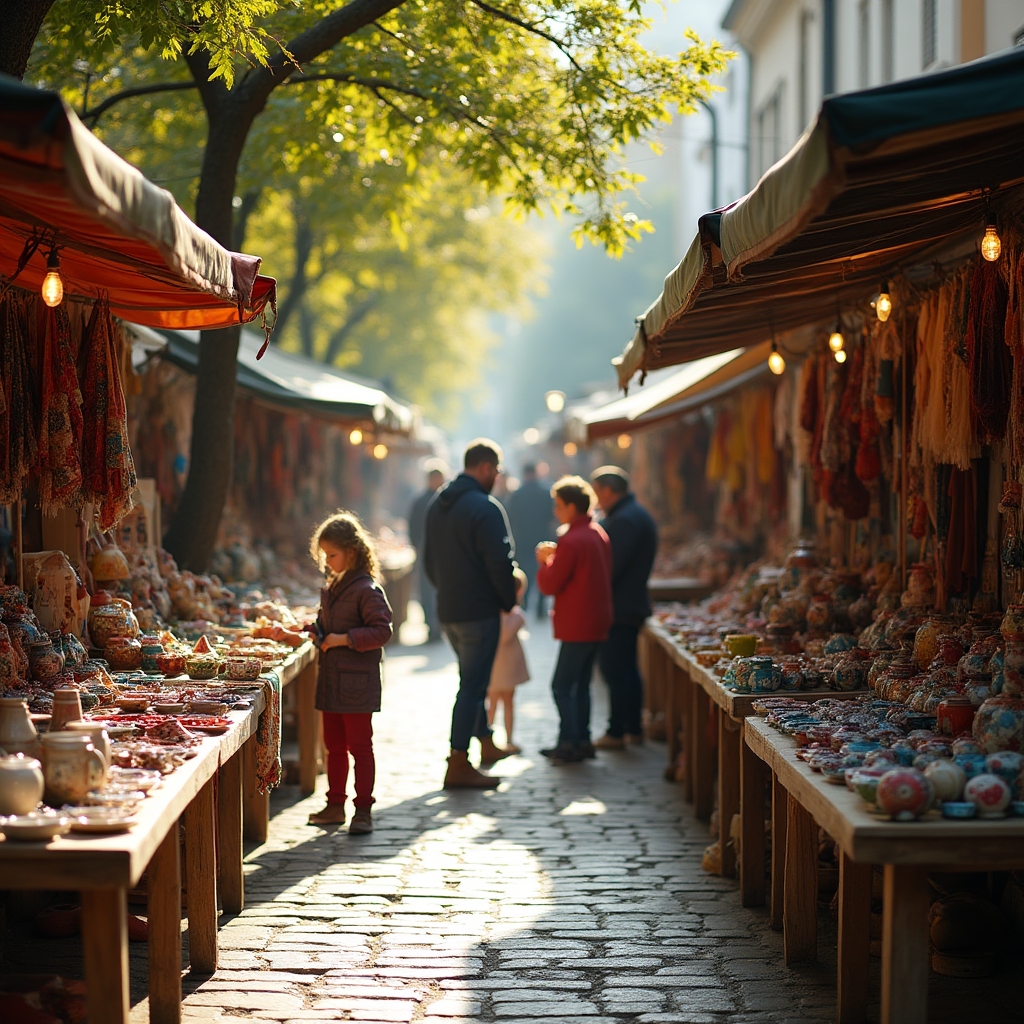 Târg de artizanat în aer liber cu standuri colorate și vizitatori