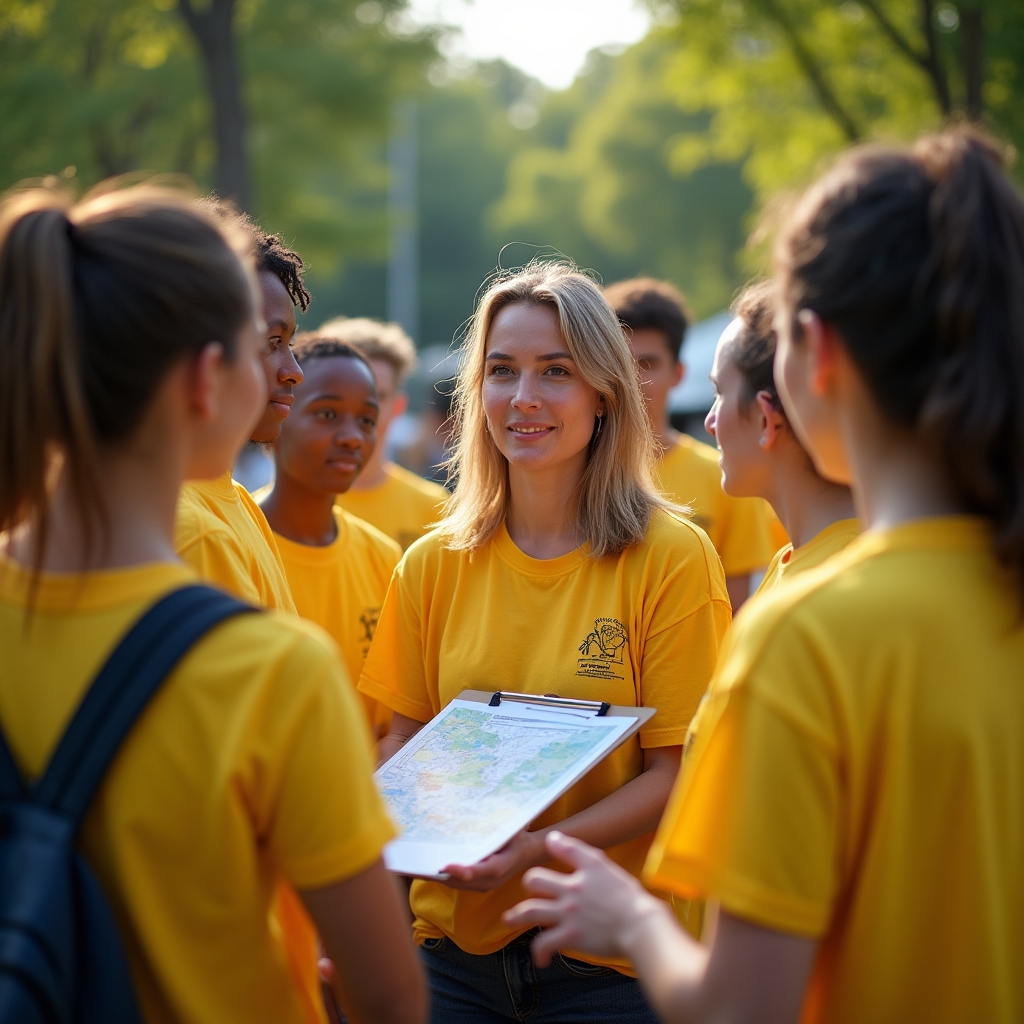 Echipă de voluntari în briefing înainte de deschiderea unui festival